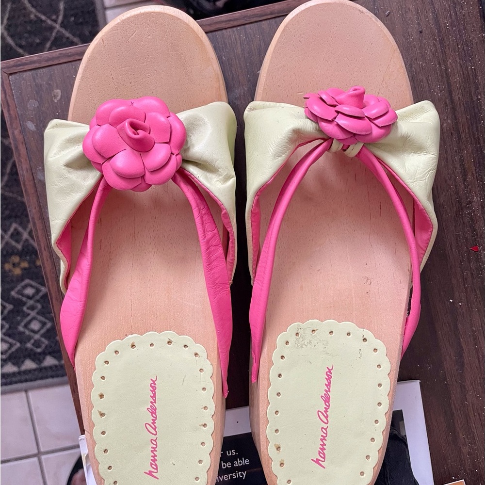 Hanna Andersson Pink and Green Wood, Leather, Wedge Sandals, size 9 1/2.